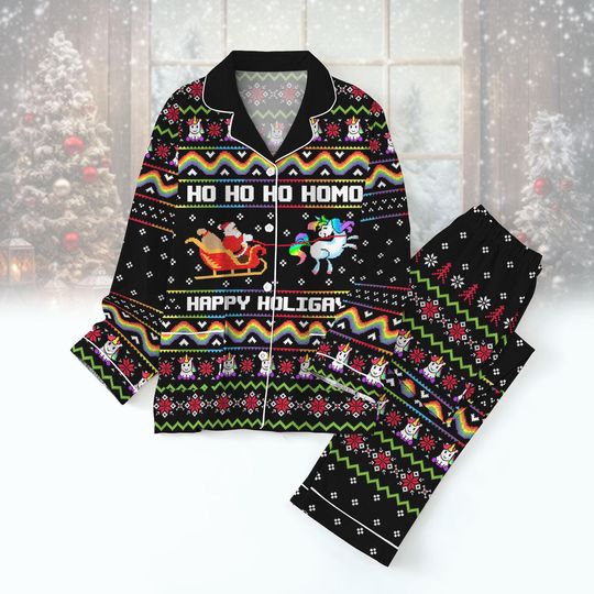 Discover Happy Holigays Christmas Pajamas Set, Santa Hohoho Shirt, Lgbt Holiday Shirt, Lgbt Long Sleeve Pajamas, Pride Gift, Pj Set For Party