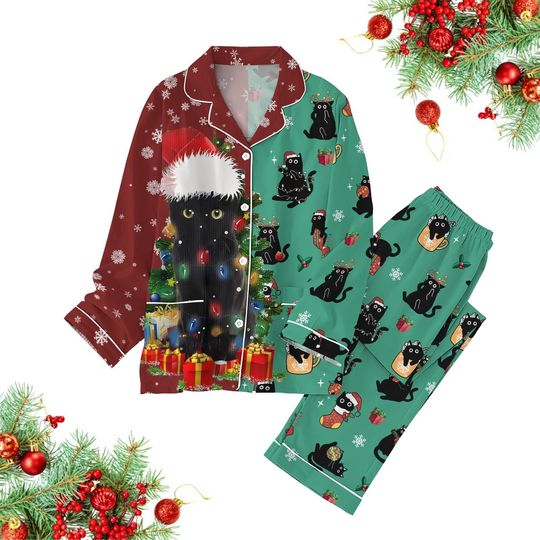 Black Cat Santa Christmas Pajamas Set, Christmas Light Shirt, Cat Owners Shirt