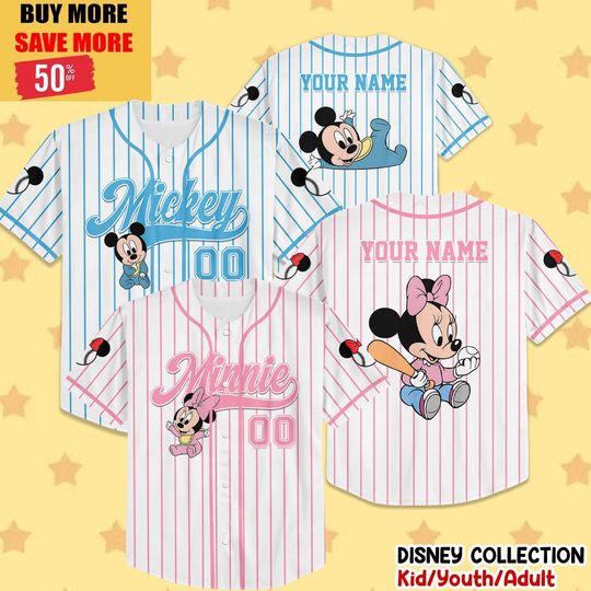 Discover Custom Disney Baby Mickey Minniee Play Baseball Pink Jersey, Disney Baseball Jersey Sports, Cute Custom Number Birthday Gift