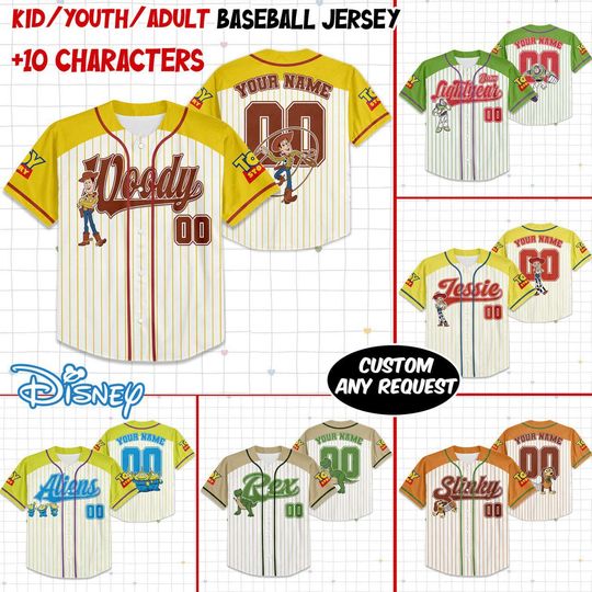 Discover Custom Disney Toy Story Characters Colors Shoulders Baseball Jersey, Personalized Name& Number, Kids Outfits, Pixar Birthday Gift For Fan