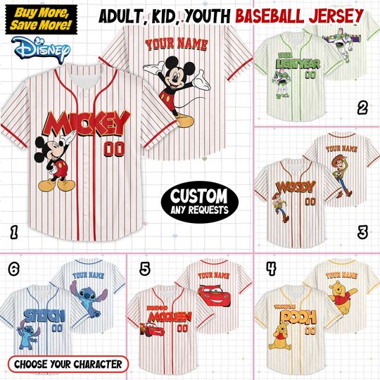 Discover Custom Disney Pixar All Characters Baseball Jersey Team, Collection Choose Style Jersey, Disney Baseball Team Outfit, Gift for Kids