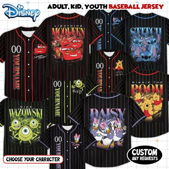 Discover Custom All Character Disney Movies Pixars Baseball Jersey, Birthday Gift For Kid Youth Adult, Disney Collection Characters Jersey