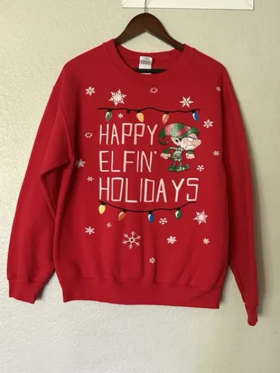 Discover Happy Elfin’ Holidays, Christmas Sweatshirt, size M, Ugly Christmas sweater