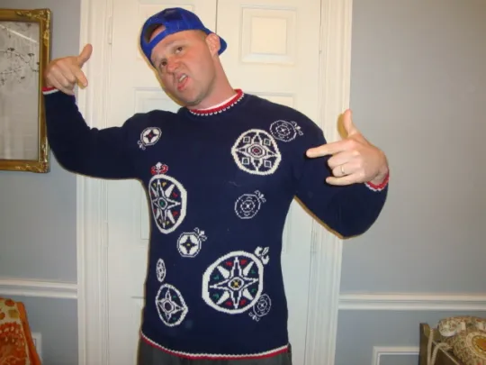 UGLY TACKY CHRISTMAS x mas Ornament navy blue Pullover Sweater L