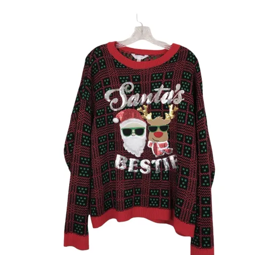 Discover No Boundaries Womens Ugly Christmas Sweater Santa's Bestie Sequins Size XXL