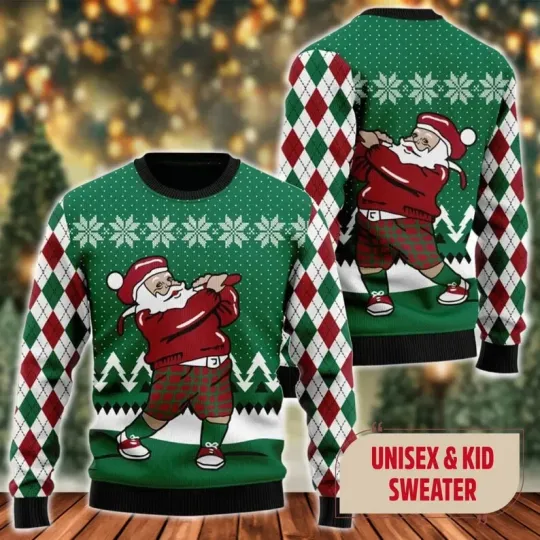 Funny Santa Claus Plays Golf Ugly Christmas Sweater, Funny Santa Xmas Sweatshirt