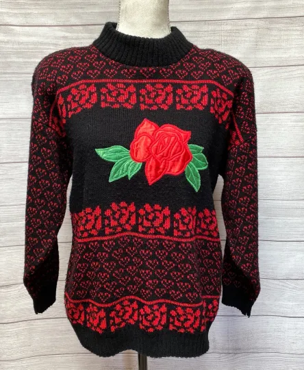 Discover Vintage 80s Ugly Christmas Sweater Sparkle Hearts Poinsettia Patch Acrylic