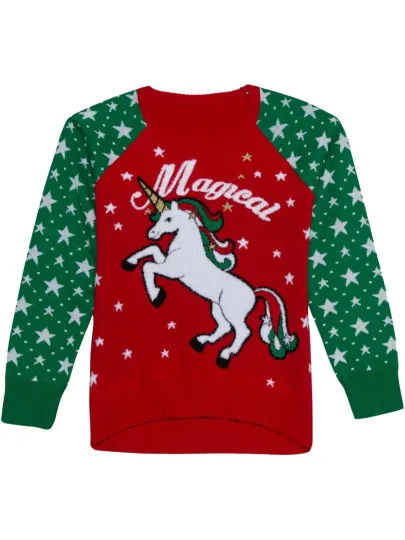 Discover Girls Red  Star Magical Unicorn Knit Ugly Christmas Sweater X-Small 4/5