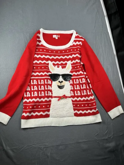 LA LA LLAMA Christmas Long Sleeve Sweater With Bell Red Women’s Large Ugly Party