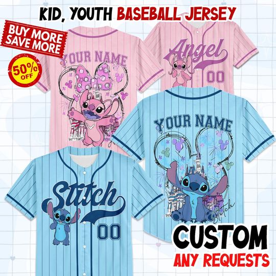 Discover Custom Name Disney Stitch And Angel Baseball Jersey, Personalized Disney Kid/Youth/Adult Collection Jersey Disneyland Birthday