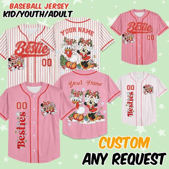 Discover Custom Disney Minnie Daisy Bestie Christmas Baseball Jersey, Disney Besties Choose Style Jersey Disneyland Birthday Gift For Kid Youth Adult