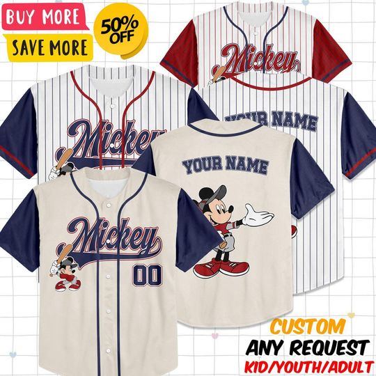 Discover Personalized Vintage Mickey Mouse Baseball Jersey, Custom Disney Shirt for Kids Youth Adults, Mickey Team Outfit, Birthday Gift Tee