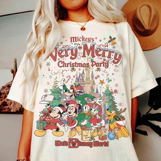 Discover Comfort Colors Mickey's Very Merry Christmas Party 2025 T-Shirt, Mickey & Friends Holiday Tee