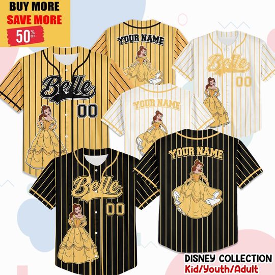 Discover Custom Disney Princess Belle Beauty and the Beast Simple, Custom Kid Youth Adult Disney Baseball Jersey, Disney Princess Girl Trip Matching