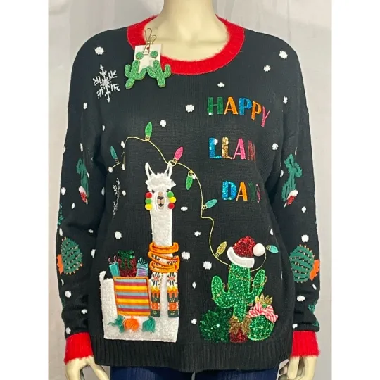 Discover Holiday Time Sz L Pullover Knit Ugly Christmas Sweater Llama Cactus & Earrings