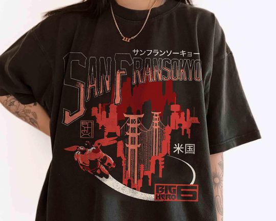 Discover Vintage Disney Big Hero 6 Hiro and Baymax T-Shirt, San Fransokyo Skyline Graphic, Disney World Disneyland Family Trip Top