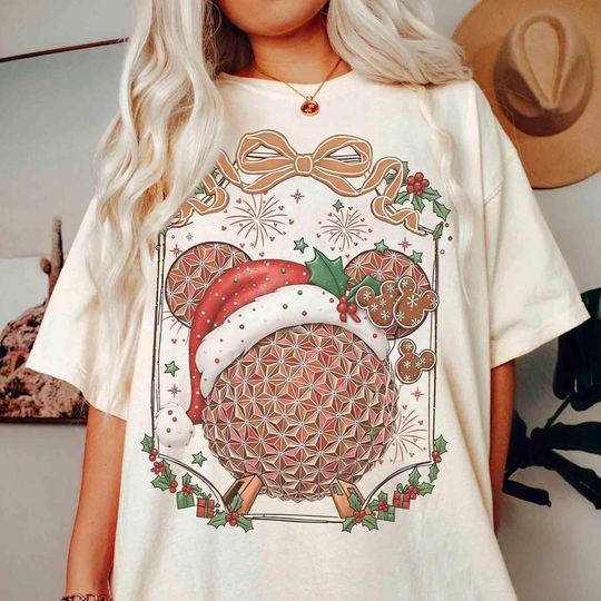 Discover Retro Coquette Bow Epcot Christmas Gingerbread T-Shirt, Xmas Epcot Santa Tee, Disney Joy to the World T-Shirt
