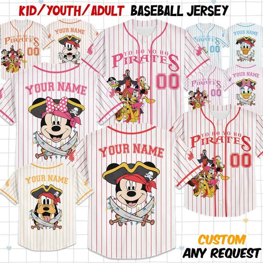Discover Personalize All Characters Disney Pirates Christmas Baseball Jersey, Kid, Youth, Adult Disney Baseball Jersey Sports, Gifts For Fans Disney