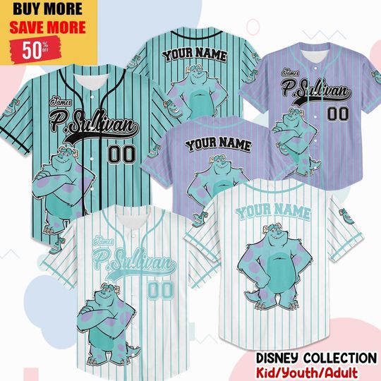 Discover Custom Disney Monster Inc James Sullivan Cyan Simple Baseball, Personalized Baseball Team Jersey, Birthday Gift for Monster Inc Fans Family