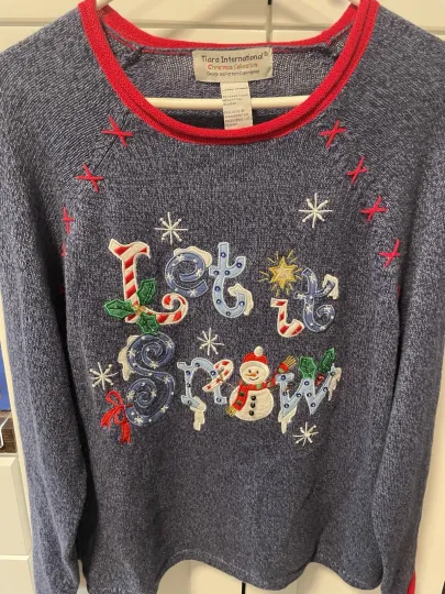 Discover Christmas Sweater Womens L Blue Winter Tiara International Snowman Ugly Cute