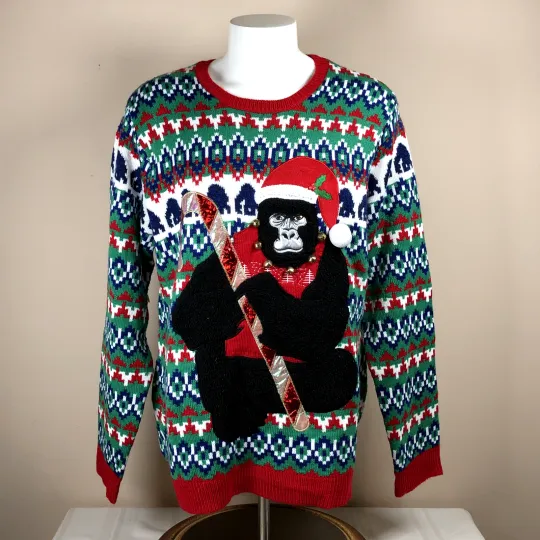Ugly Christmas Sweater Gorilla Candy Cane Jingle Bells 2XL