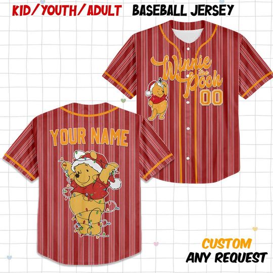 Discover Personalize Disney Winnie The Pooh Christmas Red Striped Jersey, Youth, Adult Disney Baseball Jersey Sports, Cute Gifts For Fans Disney
