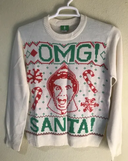 Elf Ugly Christmas Women Knit Sweater Sz XS Ivory Grn Red "OMG! Santa"