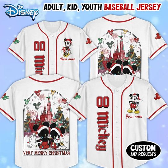 Discover Personalize Disney Mickey Minnie Christmas Jersey, Youth, Disney Couple Christmas Baseball Jersey, Cute Gifts For Kid Youth Adult