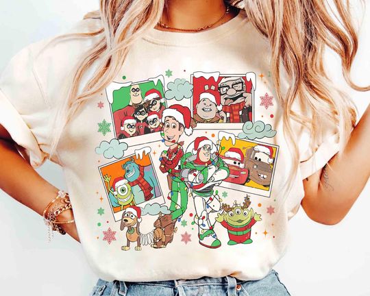 Discover Comfort Color Disney Pixar Characters Christmas Photos Shirt, Toy Story Lights, Cars Snow, Monster Inc Tee, Mickey's Very Merry Xmas Party
