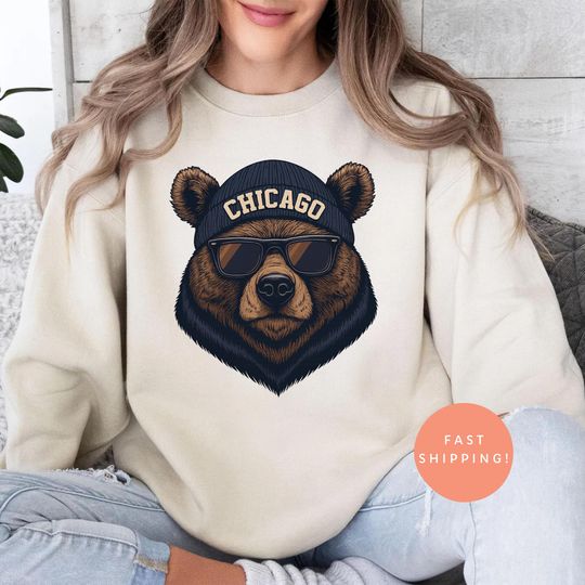 Discover Vintage Chicago Football Sweatshirt, Retro Bear Mascot Crewneck, Chicago Fan Gift with Beanie, Game Day Top, Unisex Sports Apparel