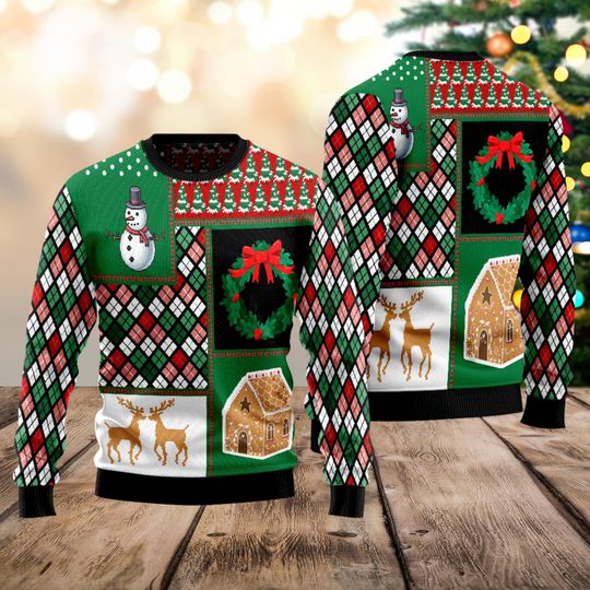 Snowman Reindeer Christmas Sweater, Gingerbread Ugly Xmas Jumper, Cozy Winter Holiday Pullover