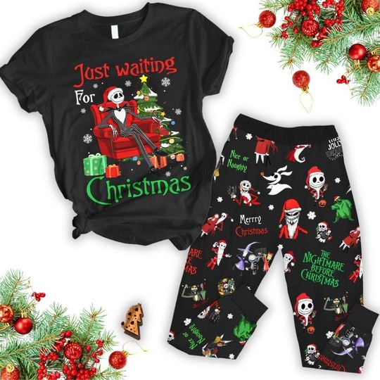 Jack Skellington Christmas Pajamas Set, Just Waiting For Xmas Shirt