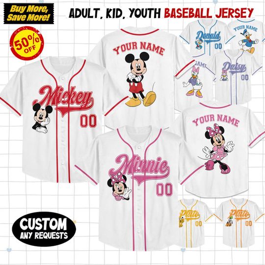 Discover Personalized Custom Disney Mickey Minniee Donald Goofy Pluto Baseball Jersey Team Disneyland, Personalized Collection Jersey, Gift for Kids