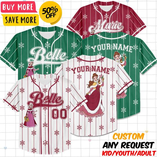 Discover Custom Disney Belle Princess Christmas Collection Simple Baseball, Personalized Baseball Team Jersey, Gift for Christmas Fans Family