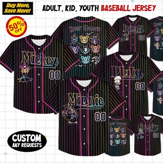 Discover Personalized Neon Disney Mickey & Friends Ghost Halloween Baseball Jersey, Disney Kids Youth Adult Baseball Team, Jersey for Disney Fans