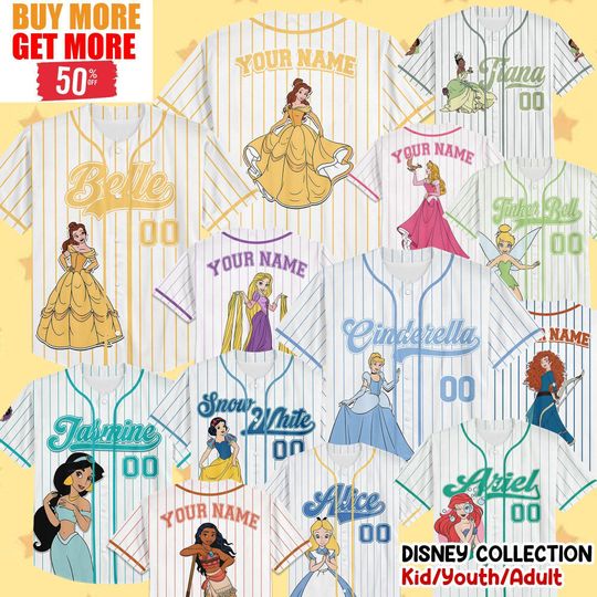 Discover Personalize Disney All Princess Characters Baseball Jersey, Custom Belle Cinde Disneyland Jersey, Disney Birthday, Gift for Disney Fans