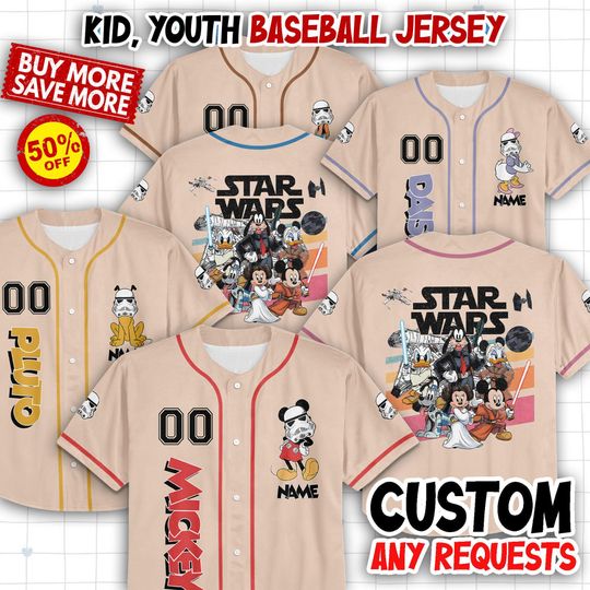 Discover Personalize Disney Mickey And Friends Star Wars Jersey, Baseball Jersey Collection Jersey Disneyland Birthday Gift For Kid Youth Adult