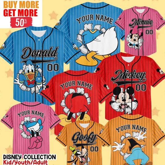 Discover Personalize Disney Mickey And Friends Characters Color Striped Baseball Jersey, Custom Disneyland Jersey, Birthday Gift for Disney Fans