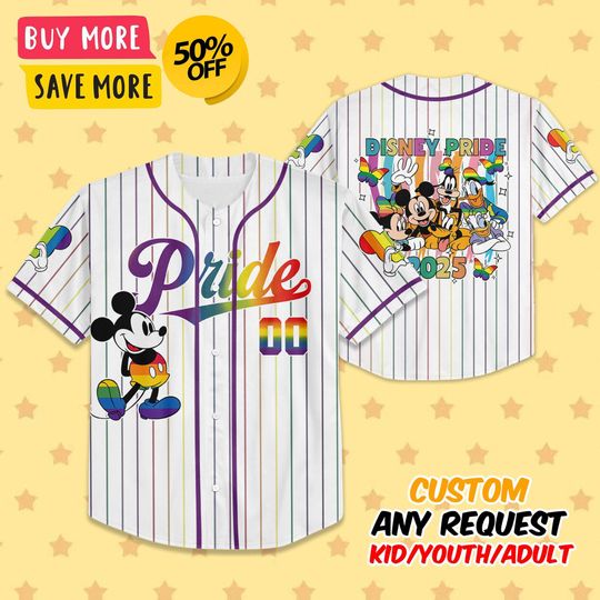 Discover Custom Disney Rainbow Pride LGBTQ Baseball Jersey, Custom Name Disney Game Day Kid Adult Jersey, Gift For Baseball Fan Disney Matching
