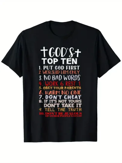 Discover Jesus 10 Commandments Christian Bible Verse T-Shirt - Black with Red & White Design