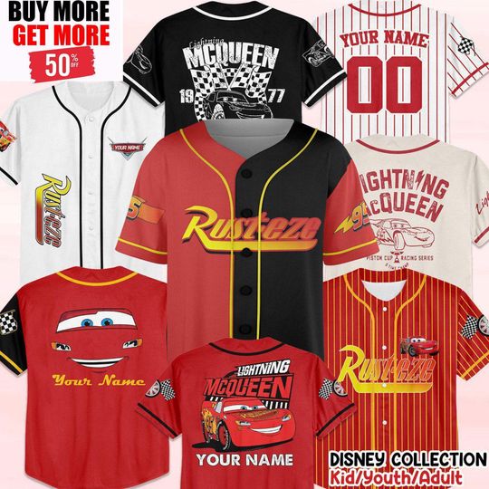 Discover Custom Car Mcqueen Baseball Jersey Team Jersey Collection, Custom Number Shirt, Car Cartoon Gift, Animation Jersey Shirt