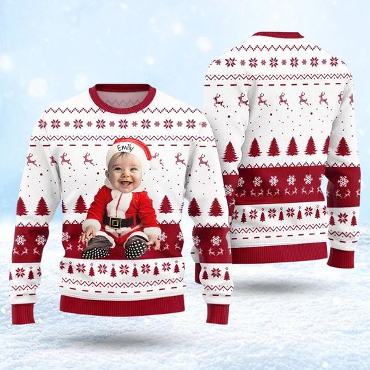 Discover Custom Baby Santa Photo Ugly Christmas Sweater, Cute Xmas Sweatshirt