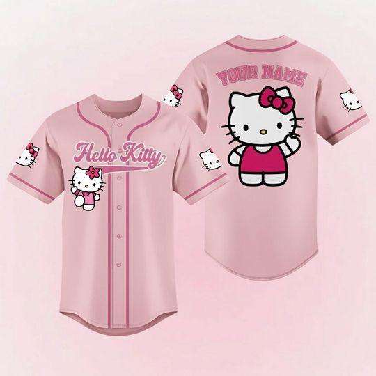 Personalized Hello Kitty Baseball Jersey, Cute Cat Jersey Shirt, Kitty Baseball Jersey, Gift for Baseball Fan
