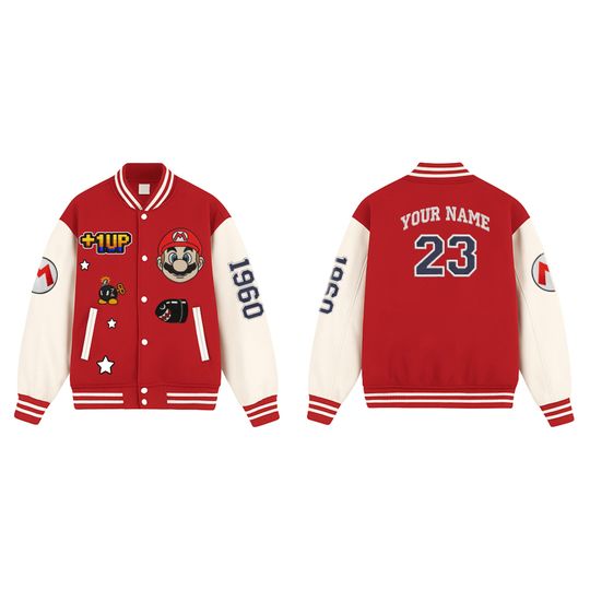 Personalized Super Mario Baseball Varsity Jacket, Video Game Jacket Men, Super Mario Bros Kids Jacket, Mario Birthday Boy Jacket