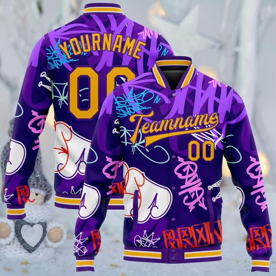 Discover Custom Graffiti Purple Varsity Jacket  Personalized Team Name Front, Your Name Back and Number 00 Letterman Bomber, Unisex Streetwear Gift