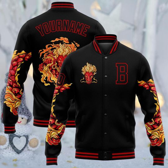 Discover Black Varsity Jacket with Flaming Dragon, Your Name on Back & Number Sleeve, Unisex Streetwear, Red Trim Letter B Gift