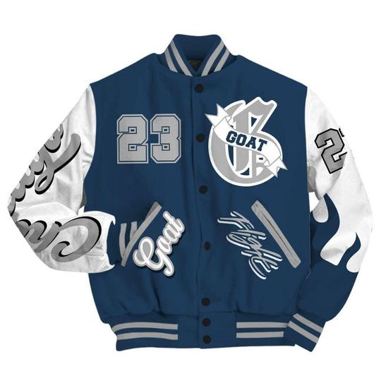 Discover Varsity Jacket To Match Retro French Blue 2025 12s - The G.O.A.T Streetwear All Over Print Varsity Jacket
