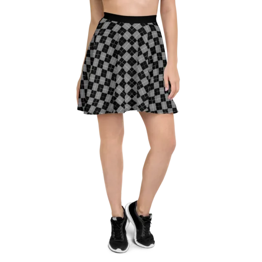Discover Black and Gray Argyle Custom Print Skater Skirt Mod 90’s Alternative XS-3XL
