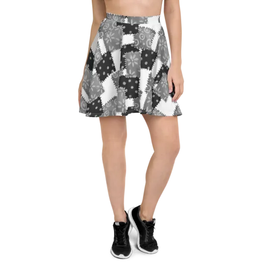 Discover Black Gray White Patchwork Custom Print Skater Skirt XS-3XL