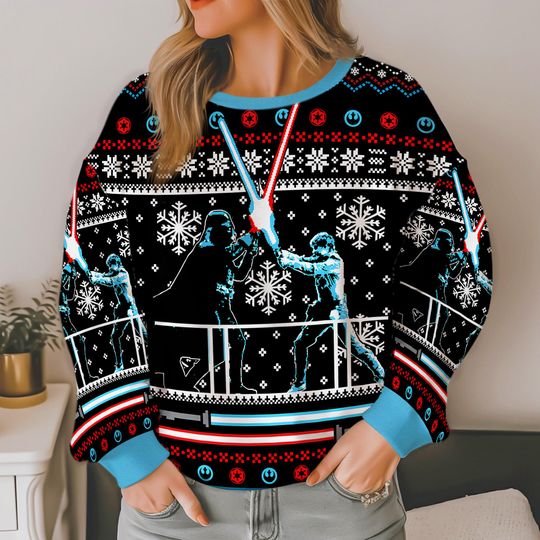 Discover Lightsaber Duel Faux Ugly Christmas Sweater, Mandalorian Christmas Ugly Sweater,Starwars Movie Christmas,Family Christmas 2025 Party Sweater